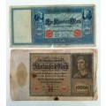 2 X EXTREMELY OLD DEUTSCHE REICHSBANK NOTE 100 and 10.000 MARK, BERLIN 1910 and 1922