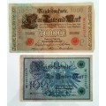 2 X EXTREMELY OLD DEUTSCHE REICHSBANK NOTE 100 and 1.000 MARK, BERLIN 1910 and 1908