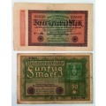 2 X EXTREMELY OLD DEUTSCHE REICHSBANK NOTE 20.000 and 50 MARK, BERLIN 1923 and 1910