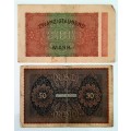 2 X EXTREMELY OLD DEUTSCHE REICHSBANK NOTE 20.000 and 50 MARK, BERLIN 1923 and 1910