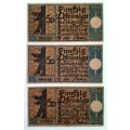 3 X EXTREMELY OLD DEUTSCHE STADTKASSEN SCHEINE 3 X 50 PFENNIG, 1921 - INSANE CONDITION