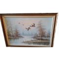 Art Painting  :  Framed Oil Painting  by H Carrez , Mallards in flight over the lake