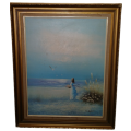 Art Painting -  Original Framed Girl by the  Beach Painting signed  Keswick -  art size  44 x 59 cm