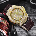 18k Gold Lion Bling ICE Wristwatch with Faux Leather Brown Strap