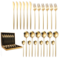 LMA Flatware Dinner Set and Decadent Wooden Gift Box - 24 Piece - Gold