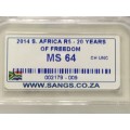 2014 South Africa R5 20 Years of Freedom MS64 SANGS Graded Uncirculated NEW