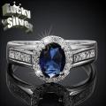Sterling Silver - filled Sapphire Ring with simulated diamonds size 7 LOCAL STOCK
