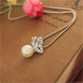 Pearl Necklace Pendant Silver Butterfly Crystal Necklace