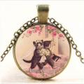 Cat Wedding Tibetan Bronze Glass Chain Pendant Necklace