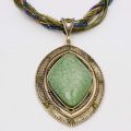 Retro Party Necklace Multi-layer Rope Turquoise Oval Pendant - Green