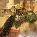 Vintage Heart Key Peacock Leaf Tassel Long Chain