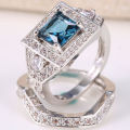 2.1ct 2pcs/set Silver Blue Topaz Gemstone Size 9 Wedding Ring