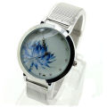 Women Fashion Blue Lotus Stainless Steel Mesh Quartz Wrist Watch