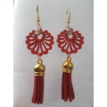 Fashion Wooden Bohemian Long Tassel Dangle Earrings - Red