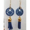 Fashion Wooden Bohemian Long Tassel Dangle Earrings - Blue