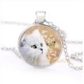 Cute White Kitten and Butterfly Glass Cabochon Silver Pendant Necklace