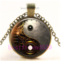 "Vintage Steampunk Ying Yang" Cabochon Glass Silver Pendant Necklace