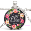 "He Fills My Life with Good Things" Cabochon Glass Silver Pendant Necklace