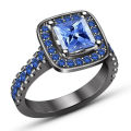 Princess Blue Square Zircon Black Gold Plated Ring Size 8