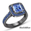 Princess Blue Square Zircon Black Gold Plated Ring Size 8