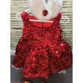 Build a bear red sequin dress , fur scarf, and sequin shoes
