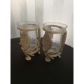 Metal and glass candle holders/vase pair - see pics for condition