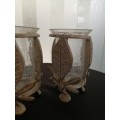 Metal and glass candle holders/vase pair - see pics for condition