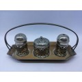 Vintage plated cruet set - blue glass inners - middle one has no liner