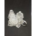All glass salt, pepper and mustard set- silver plated on brass leaf