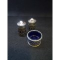 Vintage silver plated Salt and Pepper, mustard pot - lined with cobalt blue glass