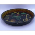 Vintage round deep metal tray - colorful