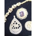Collection of bone jewelry - Brooch, pendant, necklace and clip on earrings