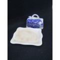 Repaired blue and white cheese dish and lid