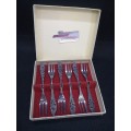 An awesome boxed set of Royal Dutch Silverworks `Elwezetta Line` cake forks