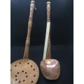 Two huge Vintage copper handmade skimmer and spoon set