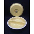 Old and heavy two division enamel bowl and lid - pastel yellow