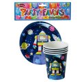 1 x Party Set " Space Explorer" 4 Plates + 4 Cups + Loot Bags + Blowouts + Hats