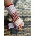Fingerless Gloves (White, Ruby & Grey) Hand Knitted