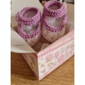 Mary Jane Baby Booties White & Lilac (0 - 3 mths) Hand knitted