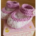 Mary Jane Baby Booties White & Lilac (0 - 3 mths) Hand knitted