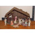 Amazing complete Boxed Ceramic hand painted Nativity Set with Genuine Wooden Stable Circa 1990's