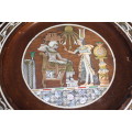 1970S EGYPTIAN OLIVE WOOD PLATE WITH INTRICATE INLAYS OF MOTHER OF PEARL IVORY AND VARIOUS METALS