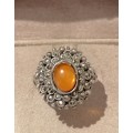 A gorgeous antique baltic amber marcasite sterling ring