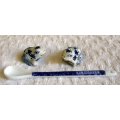 Vintage pair of blue and white Frog Salt & Pepper shakers with ceramic condiment spoon