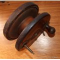 Antique Wood and Brass fishing reel for repair or parts, 5 inch diameter.