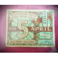 1946 April 5 Gallons- Petrol Ration Coupon - Petrolrantsoen Koepon (see all my CRAZY R1 Auctions)