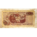 Old 1970`s Argentina 10 Diez Pesos Circulated Bank Note