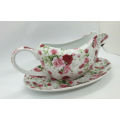 Beautiful Porcelain Gravy Boat with Saucer -Roses Motif No Makers Mark
