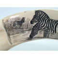 Zebra artwork on Warthog tooth on Brass stand