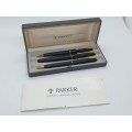 3 Pc Parker SONET writing set ROLLERBALL,BALLPEN and Pencil Black and Gold Trim in Case with booklet